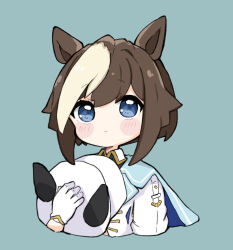 Rule 34 | animal ears, black shirt, blue background, blue eyes, blush stickers, brown hair, cheval grand (umamusume), closed mouth, collared shirt, commentary request, gloves, hair between eyes, hat, highres, holding, holding clothes, holding hat, horse ears, jacket, multicolored hair, nozo (hitomiz), peaked cap, shirt, simple background, two-tone hair, umamusume, unworn hat, unworn headwear, white gloves, white hair, white hat, white jacket