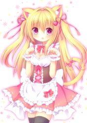 Rule 34 | 1girl, :o, animal ears, apron, bad id, bad pixiv id, black thighhighs, blonde hair, blush, bow, breasts, cat ears, cat girl, cat tail, cleavage, commentary request, food-themed hair ornament, frilled apron, frilled skirt, frills, hair between eyes, hair ornament, hair ribbon, hands up, heart, heart in eye, highres, himetsuki luna, long hair, looking at viewer, medium breasts, open mouth, original, pink bow, pink ribbon, pink skirt, pleated skirt, puffy short sleeves, puffy sleeves, purple eyes, ribbon, short sleeves, skirt, solo, strawberry hair ornament, symbol in eye, tail, tail bow, tail ornament, tail ribbon, thighhighs, two side up, very long hair, waist apron, white apron, white background, wrist cuffs