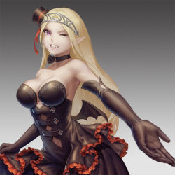 Rule 34 | 1girl, bare shoulders, bat wings, black dress, black gloves, black hat, blonde hair, breasts, choker, collarbone, dress, elbow gloves, gloves, gradient background, grin, hat, large breasts, long hair, looking at viewer, low wings, mini hat, mini top hat, one eye closed, original, outstretched arm, pointy ears, purple eyes, scotishfold, smile, solo, strapless, strapless dress, top hat, vampire, wings