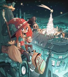 Rule 34 | 1girl, :t, backpack, bag, bags under eyes, black pantyhose, bow, broom, building, carles dalmau, chimney, christmas, christmas tree, city, cityscape, female focus, food, hair between eyes, hat, hat bow, highres, holding, holding food, long hair, looking at viewer, loose socks, night, orange hair, original, outdoors, pantyhose, red eyes, red hat, rooftop, sandwich, shoes, shooting star, sitting, skirt, sky, skyscraper, socks, solo, star (sky), star (symbol), starry sky, sweater, vest, witch, witch hat