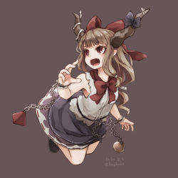Rule 34 | 1girl, blue bow, blue dress, bow, brown hair, chain, cuffs, dress, hand up, horns, ibuki suika, kagikake, oni, oni horns, open mouth, red bow, red eyes, shackles, shoes, simple background, touhou
