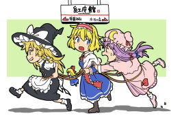 Rule 34 | 3girls, alice margatroid, apron, black footwear, black headwear, black skirt, black vest, blonde hair, blue bow, blue dress, blue eyes, blush stickers, bow, braid, capelet, crescent, crescent hat ornament, dress, frilled apron, frills, grin, hair bow, hairband, hat, hat bow, hat ornament, inuno rakugaki, kirisame marisa, lolita hairband, long hair, long sleeves, mob cap, multiple girls, open mouth, patchouli knowledge, profile, purple dress, purple eyes, purple footwear, purple hair, purple headwear, red bow, red hairband, rope train, shanghai doll, shoes, short hair, single braid, skirt, smile, socks, striped clothes, striped dress, touhou, translated, vertical-striped clothes, vertical-striped dress, vest, waist apron, white apron, white bow, white capelet, white socks, witch hat, yellow eyes