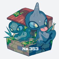 Rule 34 | alternate color, awning, closed mouth, commentary request, creatures (company), faux figurine, game freak, gen 3 pokemon, moss, nintendo, no humans, plant, pokedex number, pokemon, pokemon (creature), shino (shinoru p), shiny pokemon, shuppet, simple background, tongue, tongue out, white background