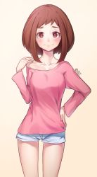 Rule 34 | 10s, 1girl, absurdres, alternate costume, artist name, bare shoulders, blush, boku no hero academia, breasts, brown eyes, brown hair, casual, collarbone, cropped legs, hand on own hip, hand on own shoulder, highres, ildy, long sleeves, looking at viewer, medium breasts, off shoulder, pink shirt, shirt, short hair, shorts, simple background, solo, thick eyebrows, uraraka ochako, white background, white shorts