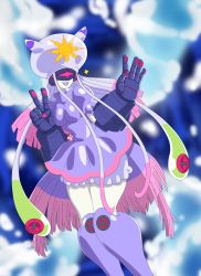 Rule 34 | 1girl, absurdres, blue background, boots, breasts, charge sol, digimon, digimon ghost game, dress, dress shirt, gloves, highres, jellyfish, jellyfish girl, legs, long hair, mask, monster girl, multicolored hair, muscular legs, panties, purple lips, shirt, smile, solo, tentacle hair, tentacles, thetismon, thick thighs, thighs, two-tone hair, underwear, v, water