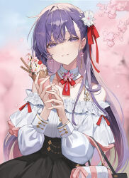 Rule 34 | 1girl, black skirt, blurry, cherry, cherry blossoms, chyoel, commentary, depth of field, falling petals, fate/stay night, fate (series), food, fruit, heart, highres, ice cream, ice cream cone, looking at viewer, matou sakura, petals, purple eyes, purple hair, shirt, skirt, smile, solo, wafer, white shirt