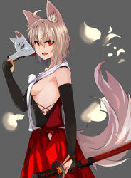 Rule 34 | 1girl, akasabi, animal ears, bare shoulders, black gloves, breasts, gloves, highres, holding, holding weapon, inubashiri momiji, looking at viewer, mask, medium breasts, open mouth, pom pom (clothes), red eyes, red skirt, short hair, sideboob, silver hair, skirt, solo, sword, tail, tengu mask, touhou, weapon, wolf ears, wolf tail
