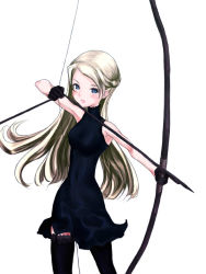 Rule 34 | 1girl, archery, arrow (projectile), black thighhighs, blonde hair, blue eyes, bow (weapon), drawing bow, dress, female focus, gloves, holding, holding bow (weapon), holding weapon, kazuoki, long hair, simple background, sleeveless, solo, thighhighs, weapon, white background, zettai ryouiki