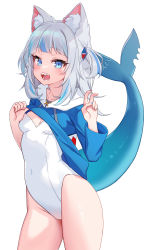 Rule 34 | 1girl, :d, absurdres, animal ear fluff, animal ears, blue eyes, blue hoodie, blue nails, blush, breasts, cat ears, cleavage, clothes lift, covered navel, cowboy shot, fins, fish tail, gawr gura, highres, hololive, hololive english, hood, hood down, hoodie, hoodie lift, kittysuit, leotard, leotard under clothes, lifting own clothes, long hair, long sleeves, looking at viewer, multicolored hair, nail polish, nontraditional playboy bunny, open mouth, playboy bunny, pn (wnsl216), shark tail, sharp teeth, silver hair, simple background, small breasts, smile, solo, streaked hair, tail, teeth, two-tone hair, two side up, v, virtual youtuber, white background, white leotard