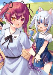 Rule 34 | 2girls, animal ears, blue eyes, blue hair, blue skirt, cat, cat ears, crepe, cube hair ornament, dress, fins, fish tail, food, gawr gura, gawr gura (casual), grey hair, hair ornament, hair ribbon, heterochromia, highres, holding, holding food, holding hands, hololive, hololive english, houshou marine, looking at another, multicolored hair, multiple girls, official alternate costume, one side up, open mouth, red eyes, red hair, red ribbon, ribbon, shark girl, shark tail, shinkiro (hololive), shirt, sidelocks, skirt, skirt set, smile, streaked hair, tail, twintails, virtual youtuber, watashishi, white dress, white shirt, yellow eyes