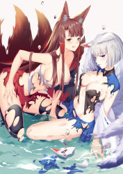 Rule 34 | 2girls, :q, absurdres, akagi (azur lane), animal ears, azur lane, black legwear, blue eyes, blush, breasts, broken mask, brown hair, cleavage, commentary, fox ears, fox tail, hair tubes, highres, injury, japanese clothes, kaga (azur lane), kneeling, large breasts, long hair, looking at viewer, maomaozi, mask, multiple girls, multiple tails, parted lips, red eyes, short hair, sitting, tail, thighhighs, tongue, tongue out, torn clothes, torn legwear, water drop, white hair