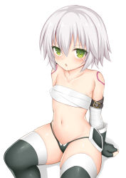 Rule 34 | 1girl, arm belt, bandaged arm, bandages, bare shoulders, black panties, black thighhighs, blush, breasts, chest sarashi, collarbone, facial scar, fate/apocrypha, fate/grand order, fate (series), gloves, green eyes, hair between eyes, highleg, highleg panties, jack the ripper (fate/apocrypha), looking at viewer, navel, panties, sarashi, scar, scar across eye, scar on cheek, scar on face, shoulder tattoo, silver hair, single glove, sitting, small breasts, solo, tattoo, thighhighs, thighs, toshishikisai, underwear