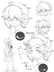 1girl commentary_request flying_sweatdrops greyscale hairband heart highres komeiji_satori messy_hair monochrome multiple_views short_hair simple_background sweat third_eye touhou translation_request yuzu5p4