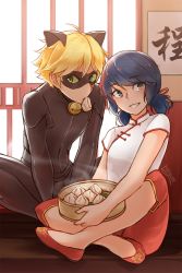 Rule 34 | 1boy, 1girl, animal ears, artist name, bell, black bodysuit, blonde hair, blue eyes, blue hair, bodysuit, cat boy, cat ears, chat noir, chinese clothes, commentary request, domino mask, grin, haiyun, highres, holding, in mouth, long hair, marinette dupain-cheng, mask, miraculous ladybug, short hair, sitting, smile, teeth, translation request, twintails
