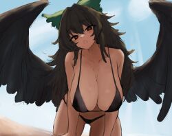 Rule 34 | 1girl, bikini, bird wings, black bikini, black eyes, black hair, black wings, blush, bow, breasts, cleavage, commentary request, green bow, hair bow, head tilt, highres, huge breasts, long hair, looking at viewer, messy hair, moriforest1040, open mouth, outdoors, reiuji utsuho, sidelocks, solo, swimsuit, touhou, wings