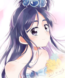 Rule 34 | 2021, absurdres, alternate costume, alternate hairstyle, bare shoulders, blue eyes, blue hair, bow, commentary request, cure white, dated, eyelashes, flower, futari wa precure, hair ornament, half updo, happy, heart, heart hair ornament, highres, long hair, looking at viewer, precure, sasano-01, side ponytail, smile, yukishiro honoka