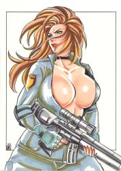 Rule 34 | 1girl, artist request, blonde hair, breasts, choker, female soldier, fingerless gloves, gloves, gun, h&amp;k psg1, huge breasts, jacket, metal gear (series), metal gear solid, military, open clothes, open jacket, plump, rifle, sniper rifle, sniper wolf, soldier, solo, weapon