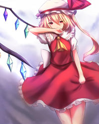 Rule 34 | 1girl, back bow, blonde hair, bow, covering own mouth, cowboy shot, flandre scarlet, frilled skirt, frills, hair between eyes, hat, kagarino hikaru, long hair, red eyes, red skirt, short sleeves, side ponytail, single wing, skirt, solo, standing, touhou, white bow, white hat, wings