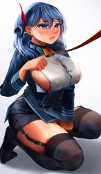 Rule 34 | 1girl, absurdres, ako (blue archive), blue archive, blue eyes, blue hair, breasts, coat, cowbell, garter straps, highres, kneeling, large breasts, leash, naingnaing, saliva, saliva trail, skirt, thighhighs