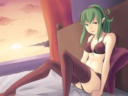 1girl, boa (brianoa), bra, breasts, character request, long hair, looking at viewer, open mouth, panties, smile, solo, thighhighs, underwear