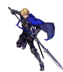 Rule 34 | 1boy, armor, armored boots, blonde hair, blue eyes, boots, cape, dimitri alexandre blaiddyd, fire emblem, fire emblem: three houses, fire emblem heroes, fujisaka kimihiko, full body, gauntlets, gloves, highres, long sleeves, male focus, nintendo, official art, pants, polearm, short hair, solo, spear, sword, transparent background, weapon