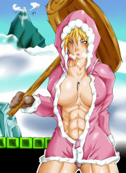 Rule 34 | 1girl, abs, blonde hair, blue eyes, blush, breasts, breath, cleavage, coat, gloves, hammer, huge breasts, huge weapon, ice climber, ippatute-kinta, jewelry, large breasts, mallet, midriff, mittens, mountain, muscular, muscular female, nana (ice climber), necklace, nintendo, no bra, open clothes, open coat, panties, pantyshot, parka, snow, solo, striped clothes, striped panties, sweat, thick thighs, thighs, underwear, unzipped, weapon