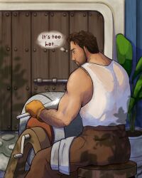 Rule 34 | 1boy, absurdres, artdhdeebs, bara, beard stubble, brown hair, coral island, dark-skinned male, dark skin, english text, facial hair, from behind, highres, male focus, mature male, mechanic, muscular, muscular male, pants, rafael (coral island), second-party source, short hair, sitting, solo, stubble, sweaty clothes, tank top, thick arm hair, thick eyebrows, thought bubble, white tank top