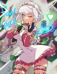 Rule 34 | 1girl, absurdres, ahoge, boots, bracelet, breasts, clover, collar, dress, elphelt valentine, eyeshadow, four-leaf clover, frilled dress, frills, green eyes, guilty gear, guilty gear strive, gun, hairband, highres, holding, holding gun, holding microphone, holding weapon, huge ahoge, jacket, jewelry, large breasts, looking at viewer, makeup, microphone, one eye closed, pink dress, pink eyeshadow, pink footwear, pink hairband, pink jacket, short hair, skull print, spiked bracelet, spiked collar, spiked hairband, spikes, thigh boots, two-tone dress, weapon, white dress, white hair, yakutzan