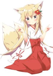 Rule 34 | 1girl, :o, \m/, animal ears, blonde hair, bow, brown eyes, double \m/, flower, fox ears, fox shadow puppet, fox tail, hair flower, hair ornament, hakama, hakama skirt, highres, japanese clothes, long hair, looking at viewer, miko, multiple tails, original, red hakama, red ribbon, ribbon, ribbon trim, seiza, sitting, skirt, solo, tail, tsubaki (tatajd), two tails, white background