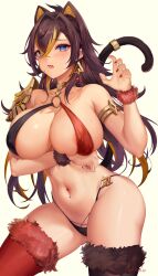 Rule 34 | 1girl, absurdres, ahoge, animal ears, areola slip, arm under breasts, armlet, armor, asymmetrical legwear, bare shoulders, bikini, black bikini, black tail, black thighhighs, blonde hair, blue eyes, breast hold, breasts, bright pupils, brown hair, cat ears, cat girl, cat tail, claw pose, cleavage, cowboy shot, criss-cross halter, crossed bangs, dehya (genshin impact), earrings, fang, fur-trimmed legwear, fur trim, genshin impact, gluteal fold, hair between eyes, hair intakes, halterneck, hand up, highres, huge breasts, jewelry, kemonomimi mode, large breasts, long hair, mismatched legwear, nail polish, navel, navel piercing, neck ring, ninelie, o-ring, o-ring bikini, open mouth, piercing, raised eyebrows, red nails, red thighhighs, scrunchie, shiny skin, shoulder armor, simple background, skin fang, skindentation, solo, stomach, string bikini, swimsuit, tail, thighhighs, thighs, white background, white pupils, wrist scrunchie
