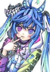 Rule 34 | 1girl, :t, @ @, absurdres, ahoge, animal ears, aqua hair, black nails, blue eyes, blue hair, blush, bow, closed mouth, commentary, crossed bangs, drawstring, finger to mouth, hair bow, hand up, heterochromia, highres, hood, hoodie, horse ears, horse girl, long hair, long sleeves, looking at viewer, multicolored clothes, multicolored hair, multicolored hoodie, nail polish, painting (medium), pointing, pointing at self, pout, purple eyes, sidelocks, solo, striped, striped bow, stuffed animal, stuffed rabbit, stuffed toy, traditional media, twin turbo (umamusume), twintails, two-tone hair, umamusume, upper body, v-shaped eyebrows, watercolor (medium), white background, yuika b1ue