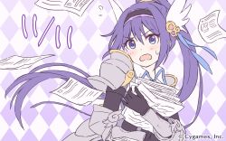 Rule 34 | 1girl, arm guards, armor, black gloves, copyright notice, cygames, gloves, head wings, headband, highres, holding, holding paper, long hair, official art, paper, ponytail, princess connect!, purple background, purple eyes, purple hair, shoulder armor, solo, source request, very long hair, white background, wings