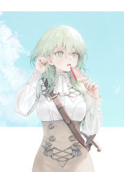 Rule 34 | 1girl, 21 (nijuichinichi), between breasts, blue sky, breasts, brown skirt, byleth (female) (fire emblem), byleth (fire emblem), cloud, collared shirt, dress shirt, fire emblem, fire emblem: three houses, food, green eyes, green hair, hair between eyes, tucking hair, hands up, high-waist skirt, holding, holding food, holding hair, long hair, long sleeves, looking away, looking to the side, nintendo, open mouth, pencil skirt, popsicle, puffy long sleeves, puffy sleeves, sheath, sheathed, shirt, skirt, sky, stitches, strap between breasts, sweat, sword, upper body, watermelon bar, weapon, white shirt