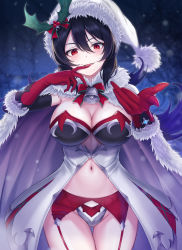 Rule 34 | 1girl, absurdres, bell, black hair, bow, bowtie, breasts, cape, cleavage, coat, cowboy shot, elbow gloves, finger to mouth, fur collar, fur trim, garter belt, gloves, grey panties, hair between eyes, hat, highres, illya (christmas) (princess connect!), illya (princess connect!), large breasts, long hair, looking at viewer, navel, no pants, open mouth, outstretched arm, panties, princess connect!, rama (yu-light8), red eyes, red gloves, revealing clothes, santa hat, slit pupils, smile, solo, stomach, thigh gap, thighs, underwear, white coat, white hat