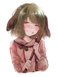 Rule 34 | 1girl, animal ears, blush, cropped torso, dog ears, dress, green eyes, green hair, grin, kasodani kyouko, long sleeves, looking at viewer, nooca, pink dress, short hair, simple background, smile, solo, touhou, upper body, white background