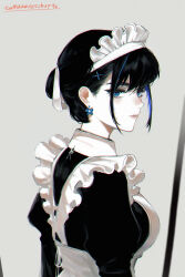 Rule 34 | 1girl, absurdres, alternate costume, alternate hairstyle, apron, black eyeliner, black hair, black shirt, blue eyes, blue hair, bonkara (sokuseki maou), bow, bow earrings, breasts, broom, colored inner hair, earrings, eyelashes, eyeliner, frilled apron, frilled headwear, frills, hair behind ear, hair between eyes, hair bun, hair ornament, hairclip, highres, hololive, hololive english, jewelry, large breasts, long sleeves, maid, maid apron, maid headdress, makeup, multicolored hair, ouro kronii, shirt, short hair, simple background, solo, swept bangs, tomatoketchup96, virtual youtuber, white apron