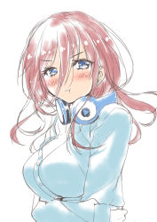 Rule 34 | 1girl, :t, blue cardigan, blue eyes, blush, breasts, brown hair, cardigan, closed mouth, go-toubun no hanayome, hair between eyes, headphones, headphones around neck, highres, long hair, long sleeves, medium breasts, nakano miku, porurin (do-desho), pout, simple background, sketch, sleeves past wrists, solo, upper body, white background