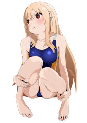 Rule 34 | &gt;:t, 10s, 1girl, 8 (9135445), :t, bad id, bad pixiv id, barefoot, blonde hair, blush, brown eyes, competition swimsuit, doma umaru, feet, fuwa mochi, himouto! umaru-chan, long hair, one-piece swimsuit, puffy cheeks, school swimsuit, simple background, solo, squatting, swimsuit, toes, v-shaped eyebrows