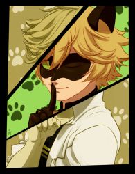 Rule 34 | 1boy, adrien agreste, animal ears, black border, blonde hair, border, cat boy, cat ears, ceejles, chat noir, colored sclera, domino mask, dual persona, fake animal ears, finger to mouth, green sclera, highres, jewelry, male focus, mask, miraculous ladybug, one eye closed, paw print, paw print background, ring, signature, smile, solo, split theme, upper body, yellow eyes