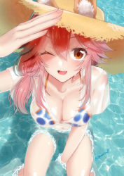 Rule 34 | 10s, 1girl, animal ears, aonegi, bikini, blue bikini, blush, breasts, cleavage, collarbone, day, ears through headwear, fate/extra, fate/grand order, fate (series), fox ears, from above, hat, in water, large breasts, long hair, looking at viewer, looking up, ocean, one eye closed, open mouth, outdoors, pink hair, see-through, shirt, sitting, solo, swimsuit, tamamo (fate), tamamo no mae (fate/extra), tamamo no mae (swimsuit lancer) (fate), water, wet, wet clothes, wet shirt, yellow eyes
