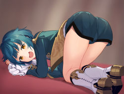 Rule 34 | 1boy, all fours, artist request, ass, blush, boots, bridal garter, bulge, chinese clothes, coat, coattails, embarrassed, from behind, genshin impact, green hair, highres, looking at viewer, open mouth, orange eyes, shiny skin, short hair, short shorts, shorts, smile, solo, top-down bottom-up, xingqiu (genshin impact)