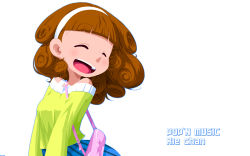 Rule 34 | 1girl, bag, bare shoulders, breasts, brown hair, character name, child, closed eyes, curly hair, english text, hairband, highres, hime cut, kamocham, pop&#039;n music, rie-chan (pop&#039;n music), short hair, simple background, skirt, smile, solo, white background
