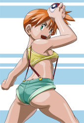 Rule 34 | 1girl, ass, bare legs, blush, breasts, cleavage, creatures (company), curvy, denim, denim shorts, female focus, game freak, highres, hinokawa jun, looking at viewer, misty (pokemon), nintendo, open mouth, orange hair, poke ball, pokemon, pokemon (anime), pokemon (classic anime), shiny skin, short shorts, shorts, side ponytail, smile, solo, underboob
