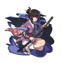 Rule 34 | 1girl, blunt bangs, breasts, brown hair, floral print, gauntlets, half updo, holding, holding sword, holding weapon, japanese clothes, katana, kimono, lips, looking at viewer, medium hair, original, parted lips, purple eyes, purple kimono, rang go, sandals, scabbard, sheath, sheathed, sidelocks, small breasts, solo, sword, tabi, weapon, white background, wide sleeves, zouri