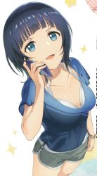 Rule 34 | 1girl, alternate hairstyle, artist name, artist request, asaka karin, bare legs, black ribbon, black shirt, blue eyes, blue hair, blue shirt, blunt bangs, blush, bracelet, breasts, cellphone, cleavage, collarbone, dark blue hair, female focus, grey shorts, holding, holding cellphone, holding phone, jewelry, long hair, looking at viewer, love live!, love live! nijigasaki high school idol club, love live! school idol festival, low ponytail, medium breasts, medium hair, mole, mole on body, mole on breast, nail, nail polish, pants, parted lips, phone, pink nails, ribbon, shirt, short hair, short ponytail, short shorts, short sleeves, shorts, side-tie shirt, smile, solo, sparkle, tied shirt, two-tone shirt, undershirt, v-shaped eyebrows, white background, white pants, white shirt, white shorts