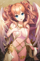 Rule 34 | 1girl, angel wings, bare shoulders, blue eyes, bow, breasts, cleavage, collarbone, grin, hair bow, hair ribbon, isfeldt (sword girls), j-p, long hair, lowres, midriff, naked ribbon, navel, open mouth, orange hair, outstretched hand, ribbon, smile, solo, sword girls, very long hair, wavy hair, wings