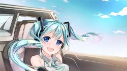 Rule 34 | 1girl, :d, bare shoulders, blue eyes, blue hair, blue sky, blush, breasts, car, car interior, cloud, cloudy sky, commentary request, day, detached sleeves, floating hair, grey shirt, happy, hatsune miku, highres, long hair, looking at viewer, medium breasts, motor vehicle, open mouth, outdoors, shirt, sitting, sky, sleeveless, sleeveless shirt, smile, solo, twintails, upper body, very long hair, vocaloid, yuunagi show