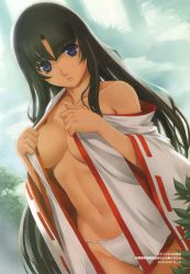 Rule 34 | 00s, 1girl, breasts, cleavage, eiwa, female focus, highres, japanese clothes, long hair, looking at viewer, midriff, miko, open clothes, open shirt, panties, queen&#039;s blade, shirt, solo, tomoe (queen&#039;s blade), underwear