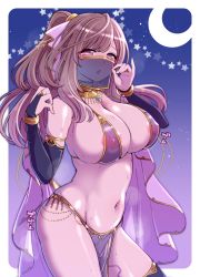 Rule 34 | 1girl, bare shoulders, belly dancer, blush, bracelet, breasts, bridal gauntlets, brown hair, cleavage, covered erect nipples, dancer, fellatio gesture, female pubic hair, fingernails, hanauna, hands up, harem outfit, highres, idolmaster, idolmaster shiny colors, jewelry, large breasts, long hair, looking at viewer, midriff, mouth veil, navel, open mouth, pelvic curtain, pink eyes, ponytail, pubic hair, ribbon, see-through, skindentation, solo, sweat, swept bangs, thighhighs, tsukioka kogane, veil