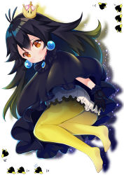 Rule 34 | 1girl, black dress, black gloves, black hair, blush, brown eyes, closed mouth, commentary request, crown, dress, earrings, frilled gloves, frilled shorts, frills, full body, genderswap, genderswap (mtf), gloves, hair between eyes, highres, jewelry, ko yu, mario (series), mini crown, new super mario bros. u deluxe, nintendo, no shoes, pantyhose, raphael the raven, short shorts, shorts, smile, soles, super crown, tilted headwear, white background, white shorts, yellow pantyhose